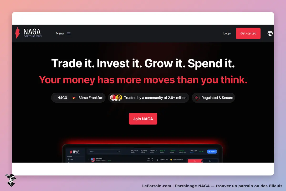 NAGA : page d'accueil avec slogan et options de connexion, bouton "Get started" visible