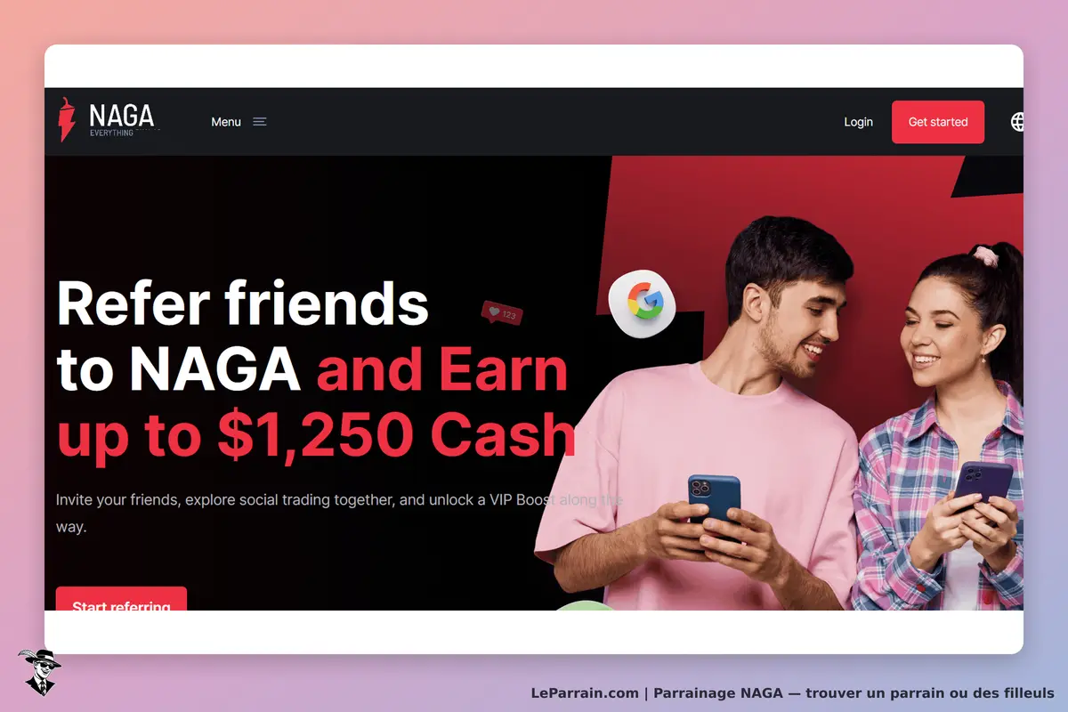 NAGA : page d'accueil avec deux personnes utilisant des smartphones et un appel à référer des amis
