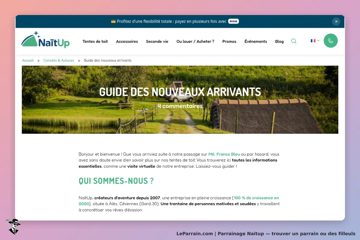 NaitUp : page d'accueil avec le guide des nouveaux arrivants et un paysage verdoyant en
