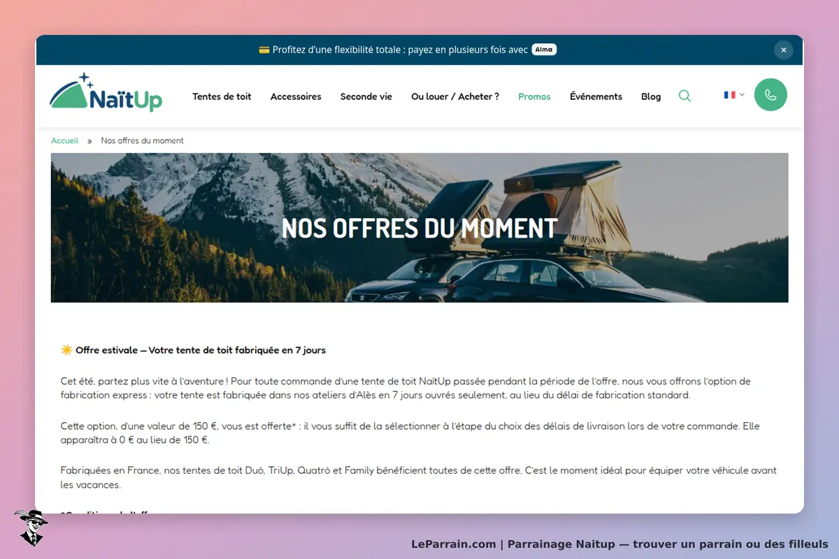 NaitUp : page d'accueil avec une image de tentes de toit sur des voitures et texte d'offres