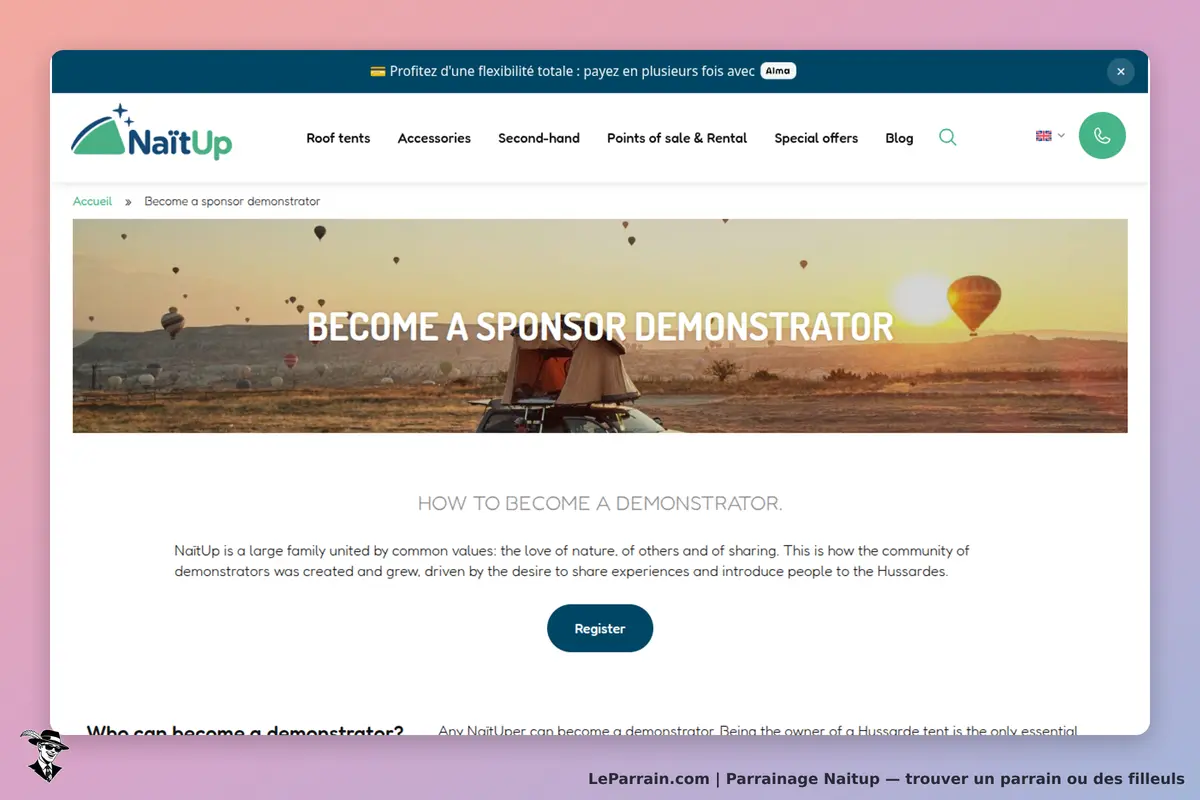NaitUp : page d'accueil avec un paysage de montgolfières et un appel à devenir démonstrateur