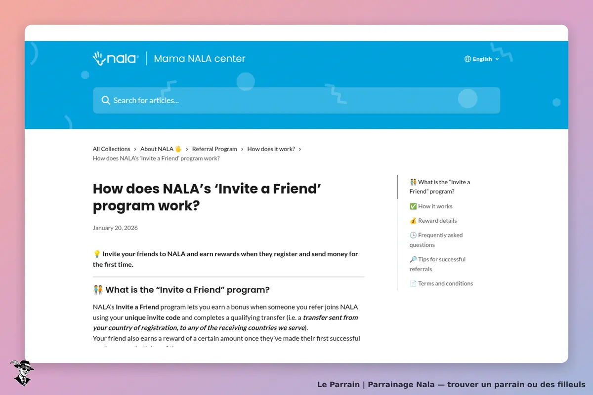 Nala : page d'information sur le programme de parrainage "Invite a Friend"