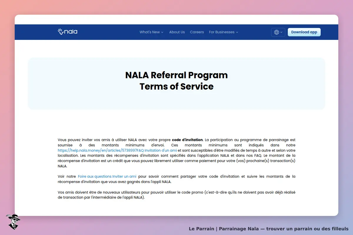 Nala : conditions d'utilisation du programme de parrainage NALA sur fond clair