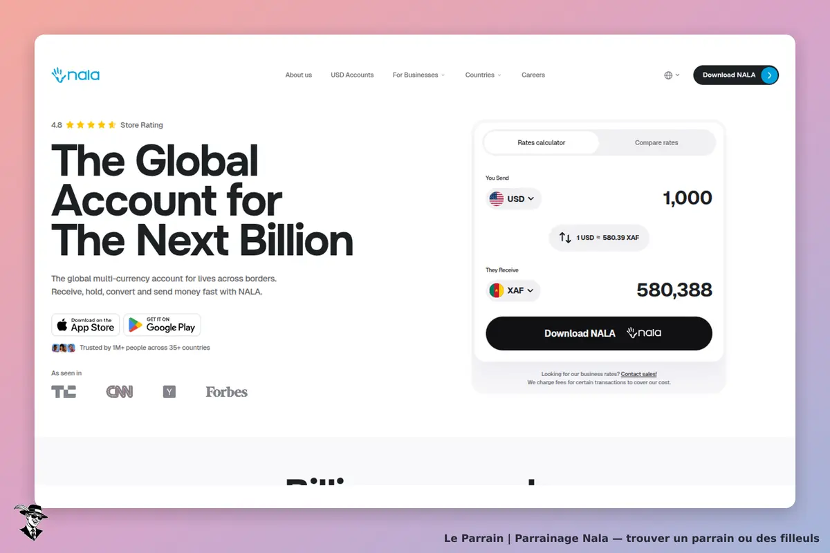 Nala : page d'accueil présentant un compte multi-devises et un calculateur de taux