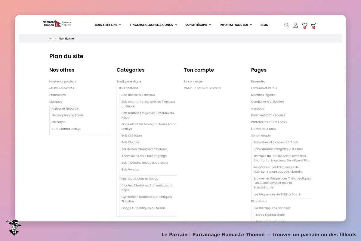 Namaste Thonon : plan du site avec catégories et liens vers les pages du site