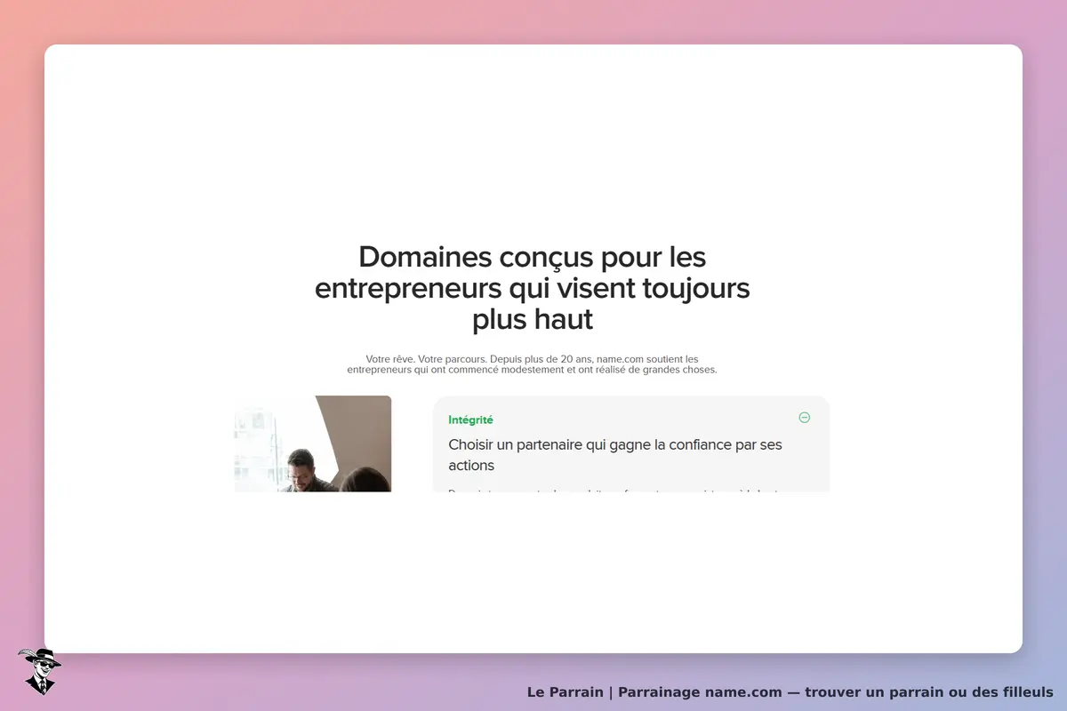 name.com : page d'accueil présentant des domaines pour entrepreneurs, avec un message d'intégrité