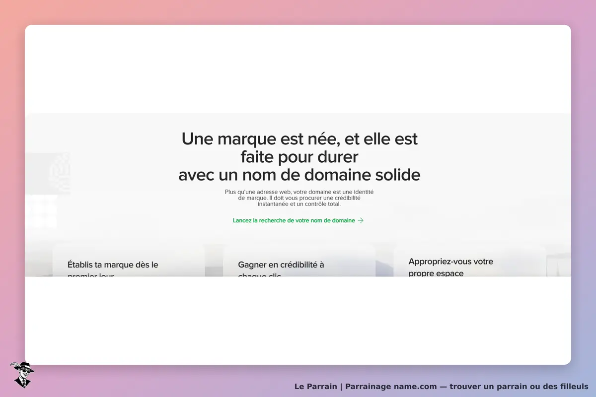 name.com : page d'accueil avec un message sur l'importance d'un nom de domaine solide