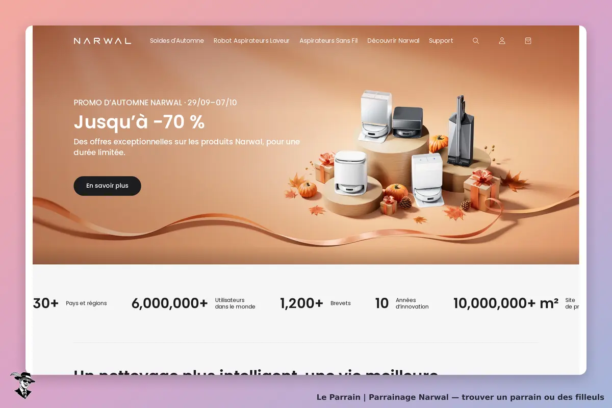 Narwal : page d'accueil avec produits et éléments décoratifs d'automne