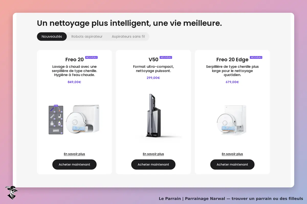 Narwal : trois modèles de robots aspirateurs avec descriptions et boutons d'achat