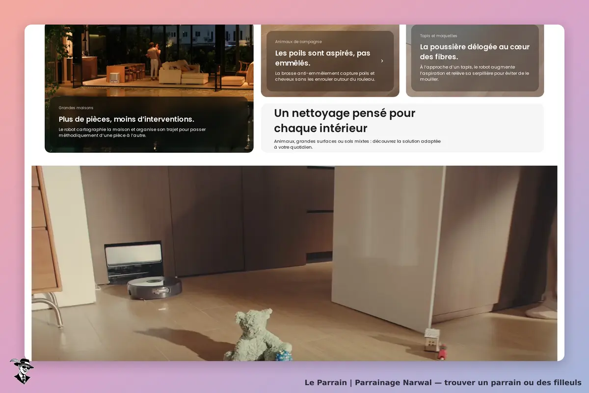 Narwal : page d'accueil avec un robot aspirateur et un ours en peluche sur un sol en bois