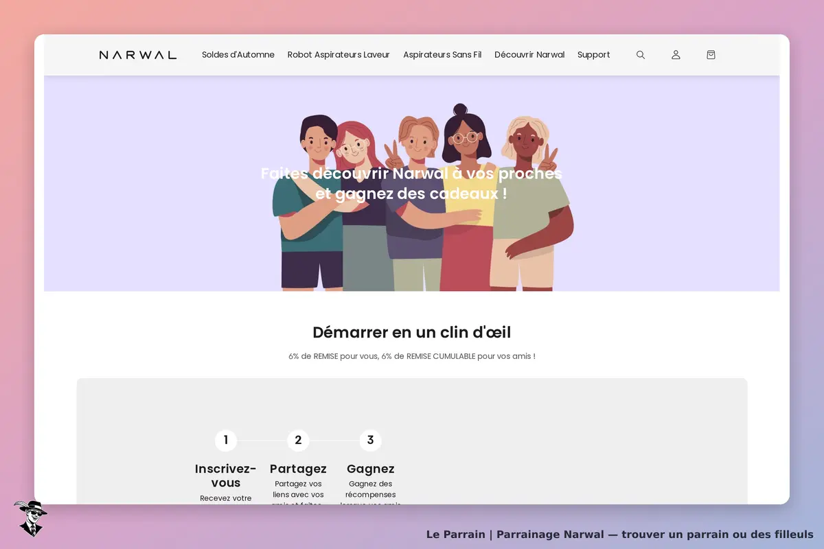 Narwal : page d'accueil avec des illustrations de personnes souriantes et un message de parrainage