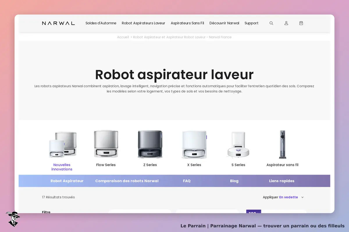 Narwal : page d'accueil présentant des robots aspirateurs et laveurs avec plusieurs modèles