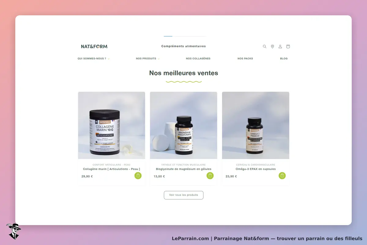 Nat&form : page d'accueil avec trois produits de compléments alimentaires en vedette
