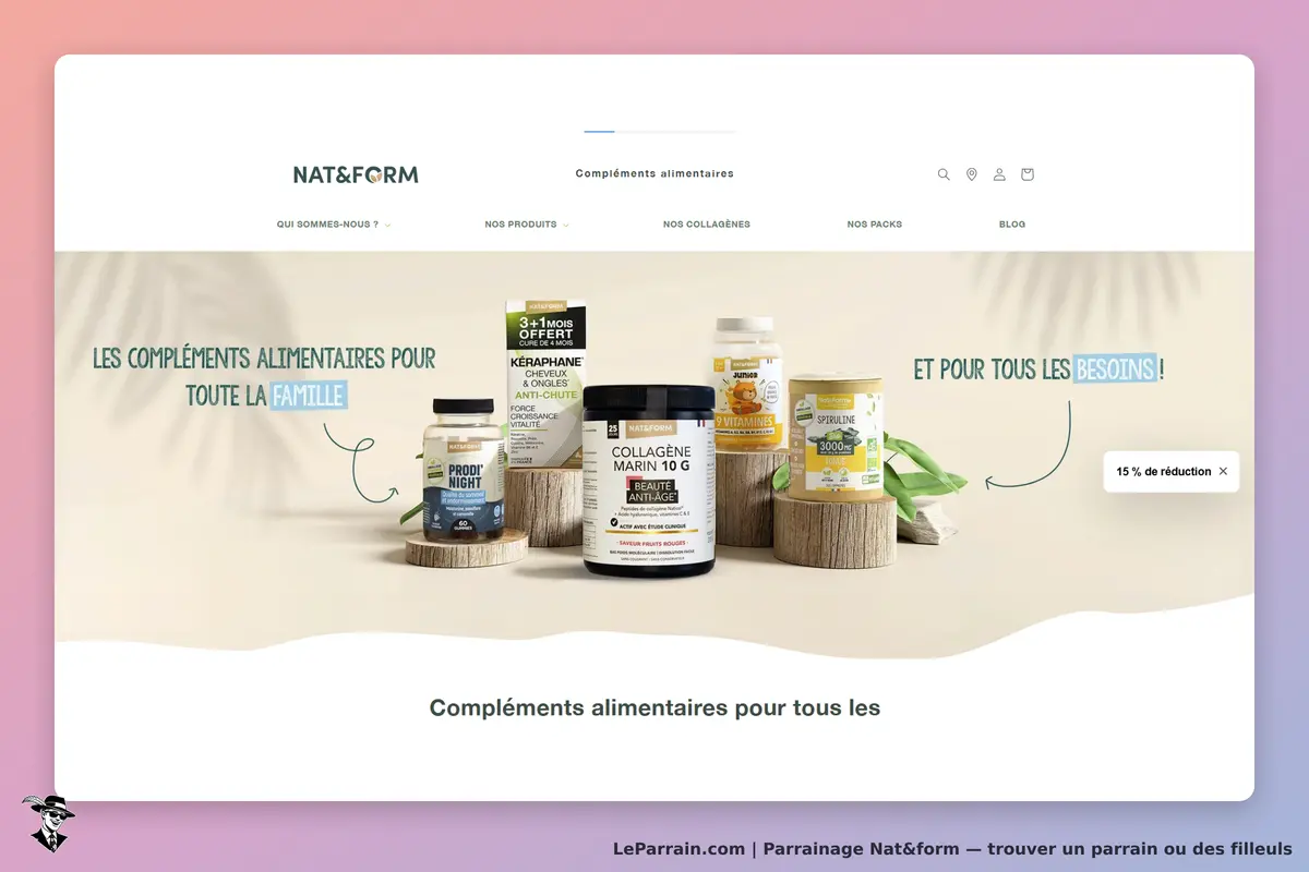 Nat&Form : présentation de divers compléments alimentaires sur un fond clair