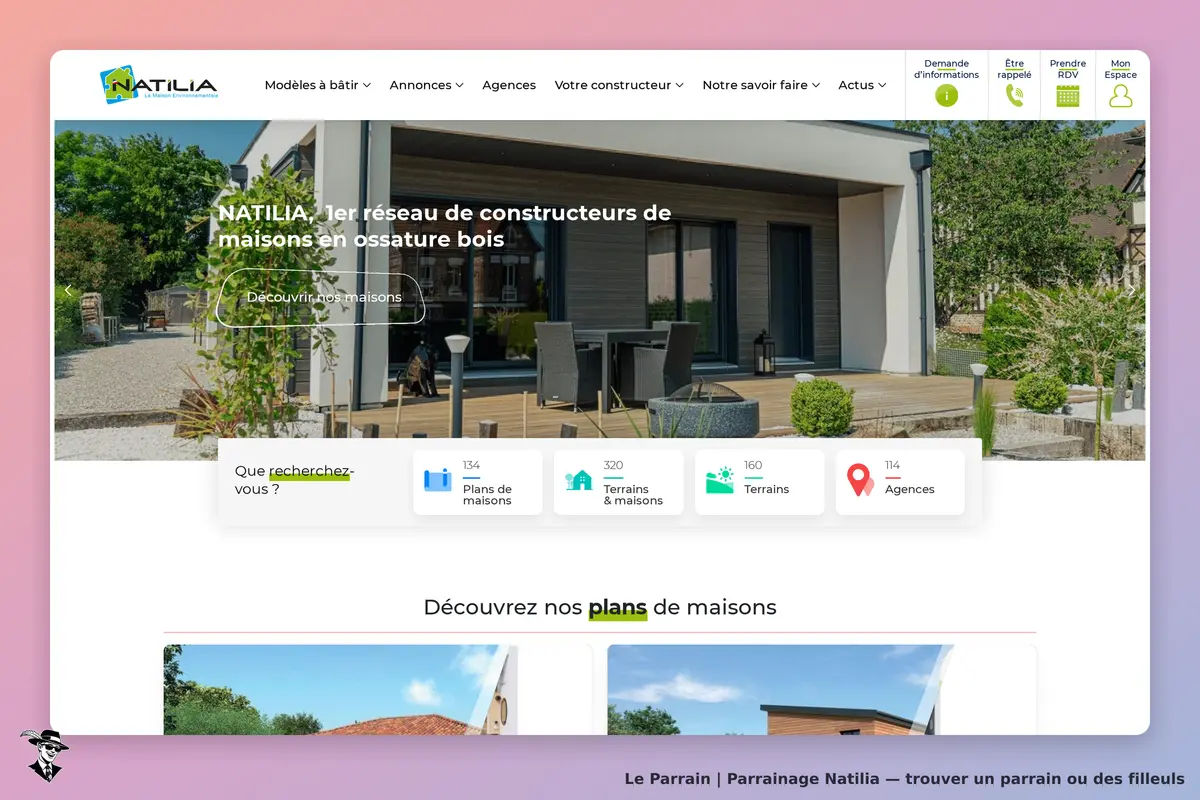 Natilia : page d'accueil présentant des maisons en ossature bois et options de recherche