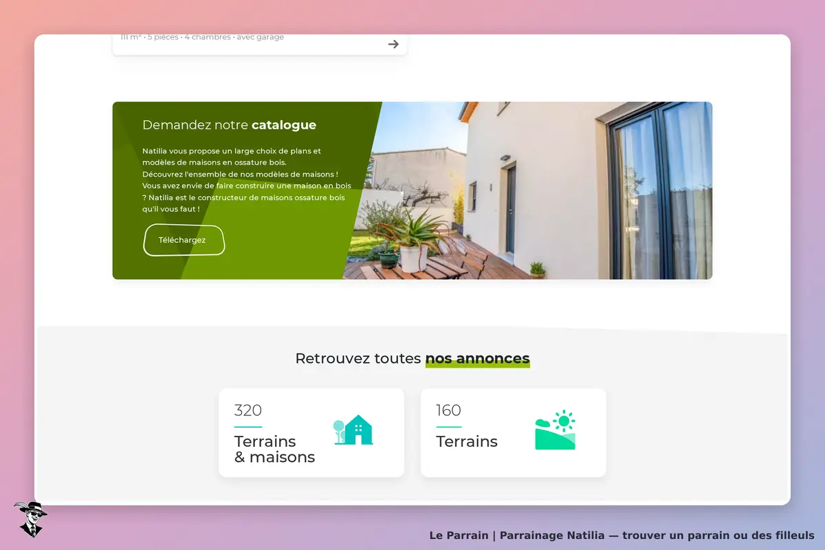 Natilia : page d'accueil avec un catalogue de maisons en ossature bois et annonces visibles