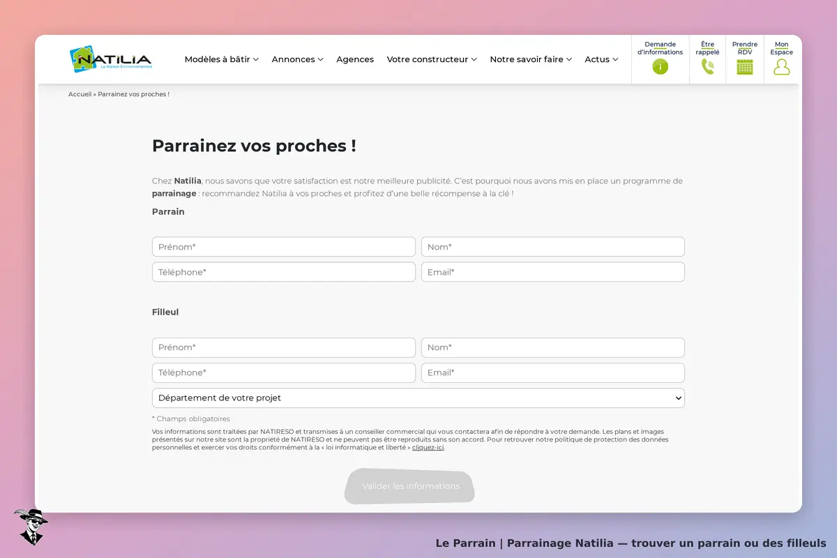 Natilia : formulaire de parrainage avec champs pour parrain et filleul