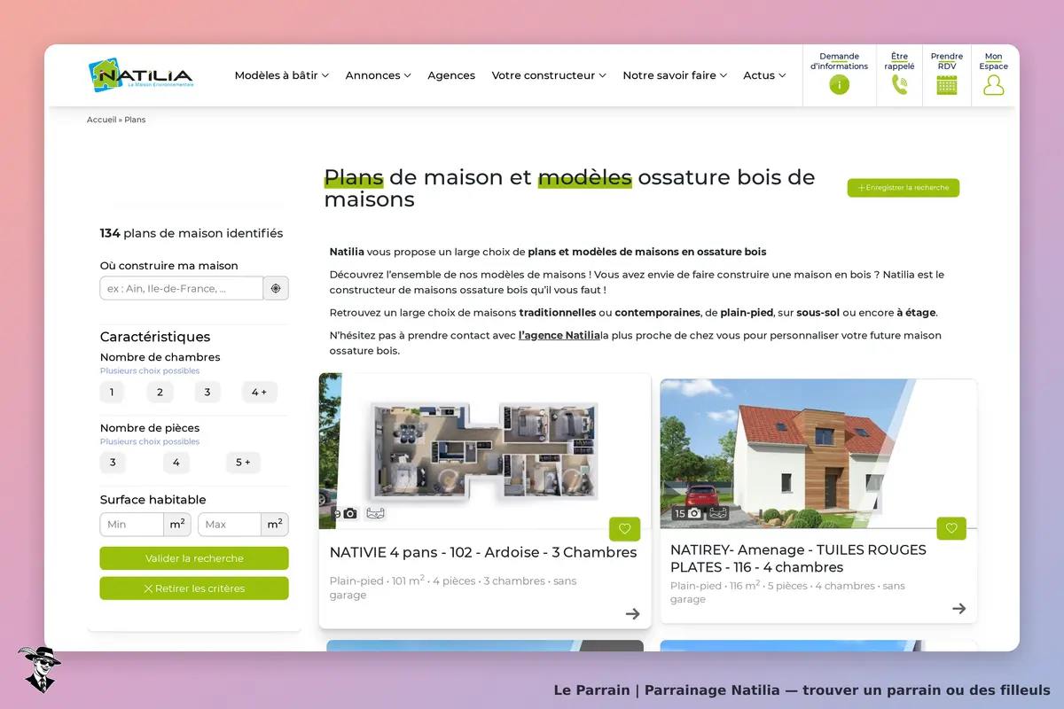 Natilia : page d'accueil avec plans de maisons et options de recherche personnalisées