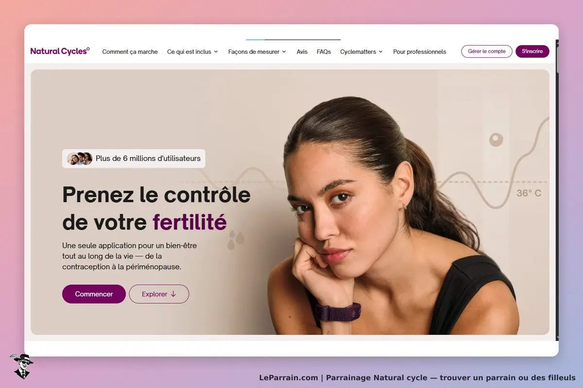 Natural Cycles : page d'accueil avec une femme et un graphique de température en arrière-plan