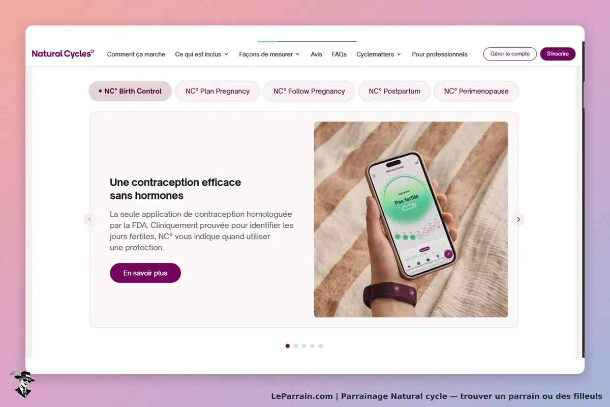 Natural Cycles : page d'accueil présentant une application de contraception sans hormones