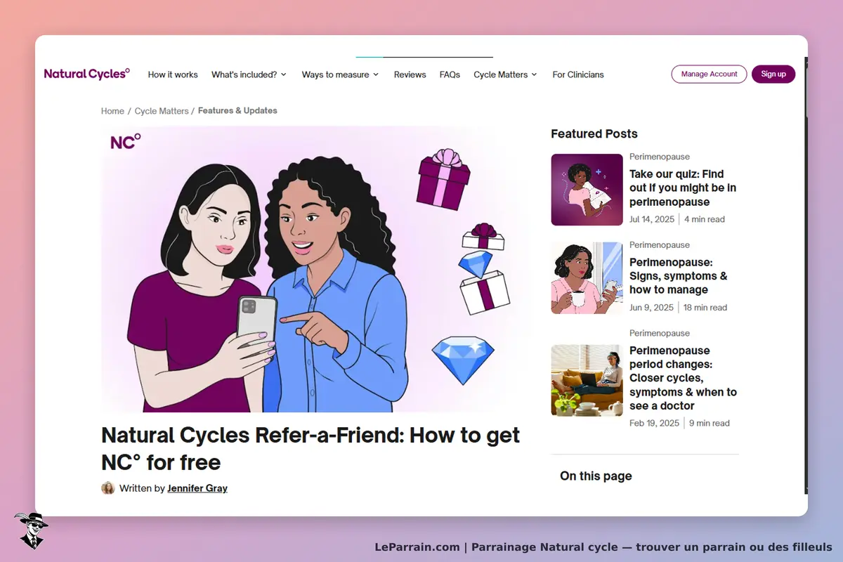 Natural Cycles : deux femmes regardent un téléphone, avec des illustrations de cadeaux et de