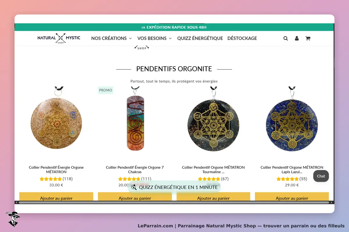 Natural Mystic Shop : affichage de pendentifs orgonite avec descriptions et options d'ajout au