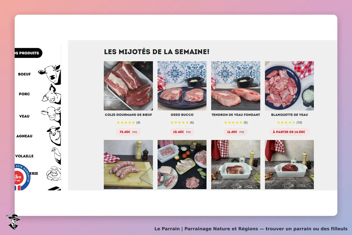 Nature et Régions : page d'accueil présentant des produits de viande avec images et évaluations