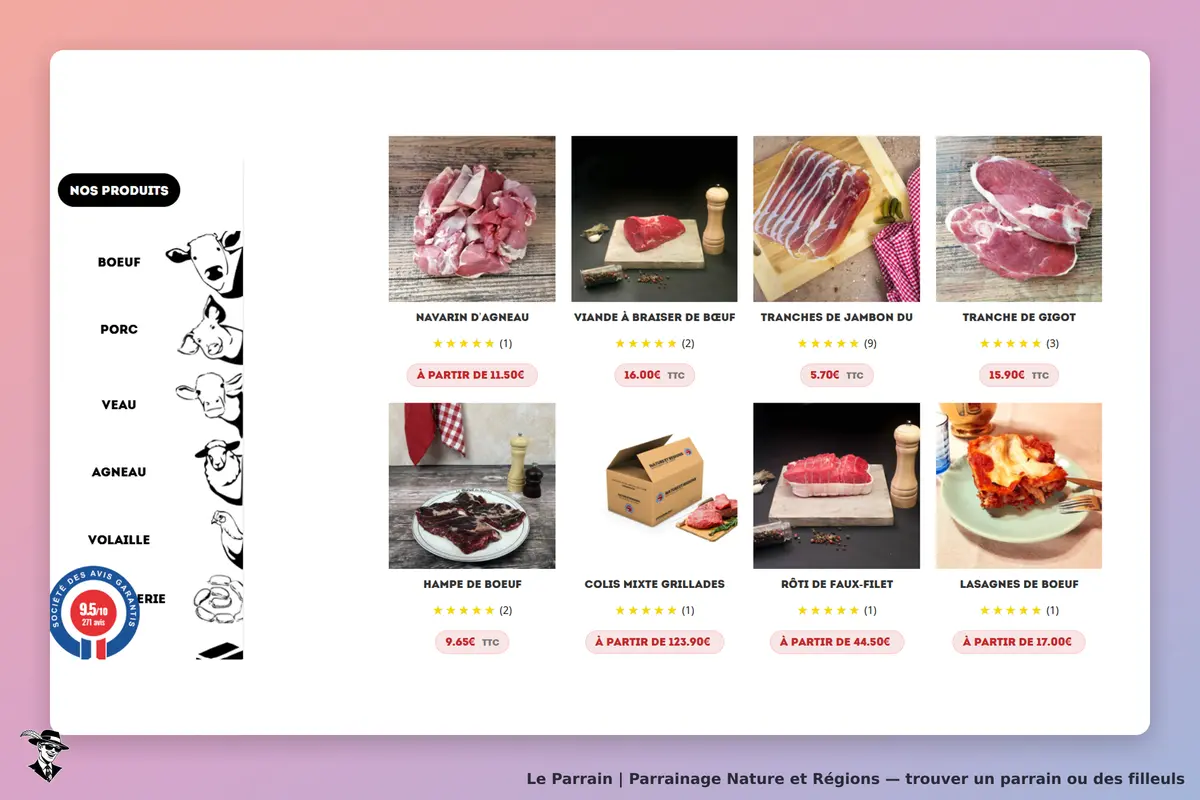 Nature et Régions : page d'accueil avec divers produits de viande affichés en vignettes