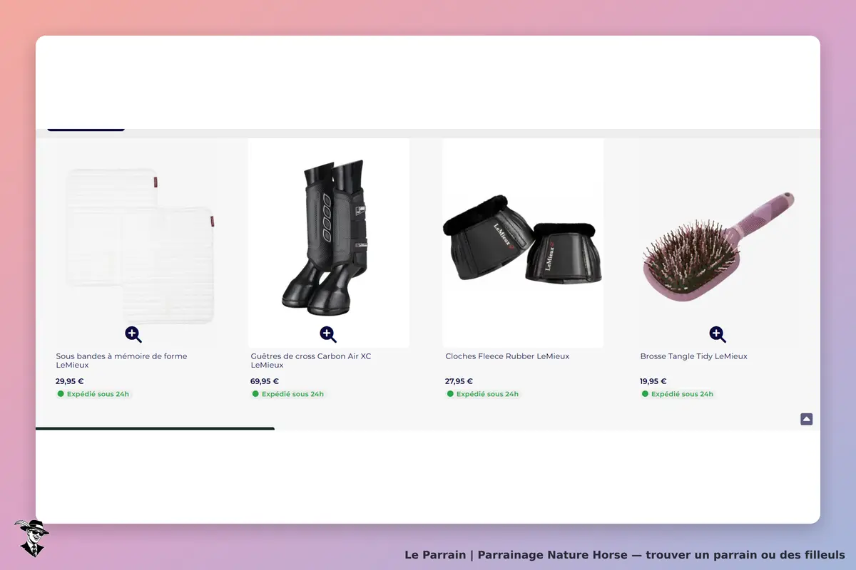 Nature Horse : produits équestres affichés, incluant sous bandes, guêtres, cloches et brosse
