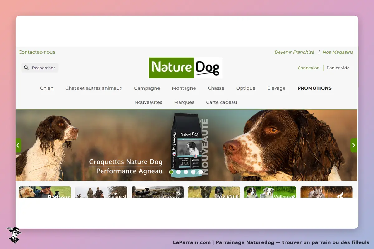Naturedog : nature Dog : page d'accueil avec un chien et un paquet de croquettes en promotion