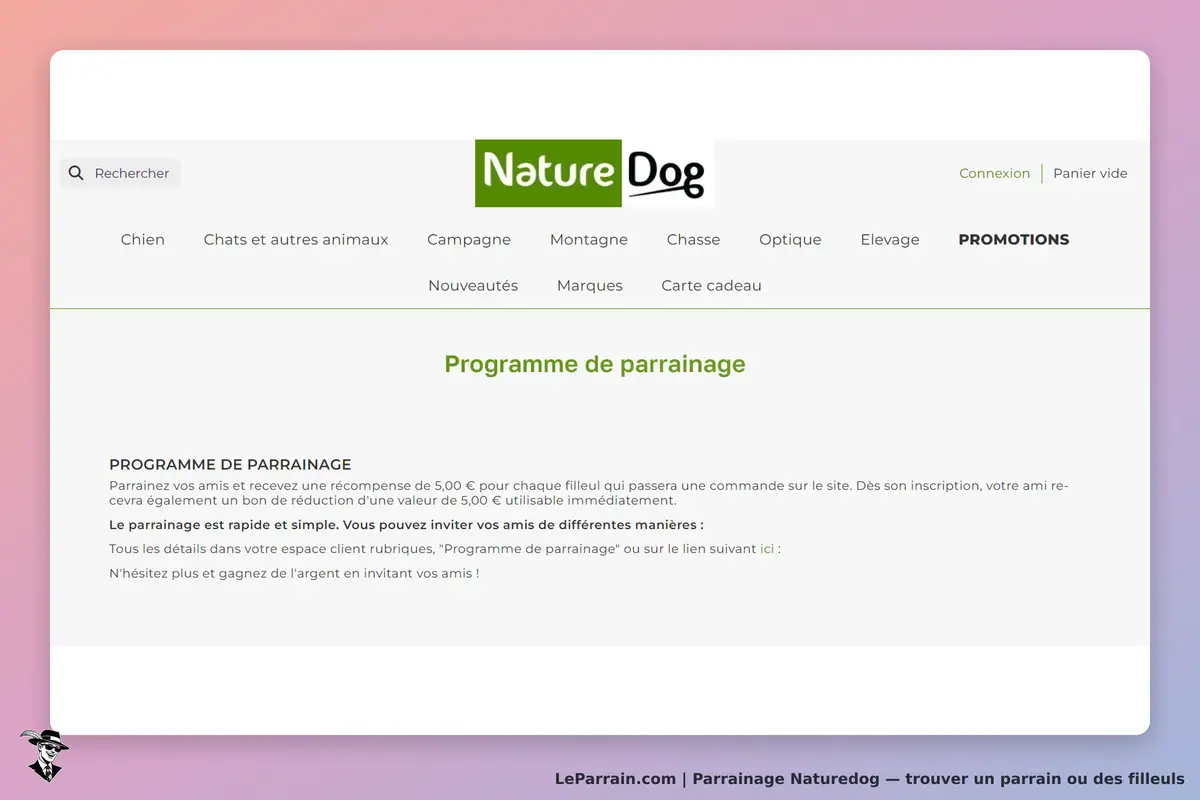 Naturedog : page sur le programme de parrainage avec explications et options d'invitation