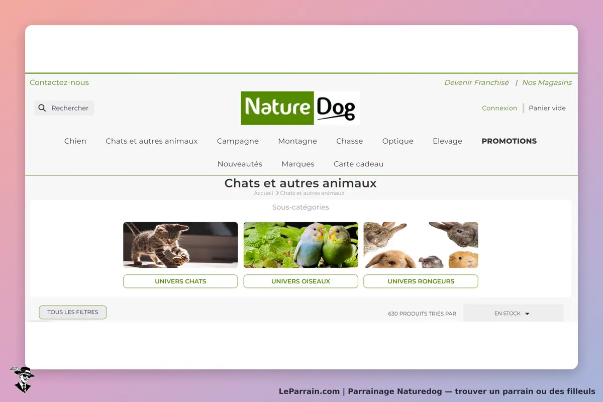 NatureDog : page d'accueil avec catégories pour chats, oiseaux et rongeurs, images d'animaux