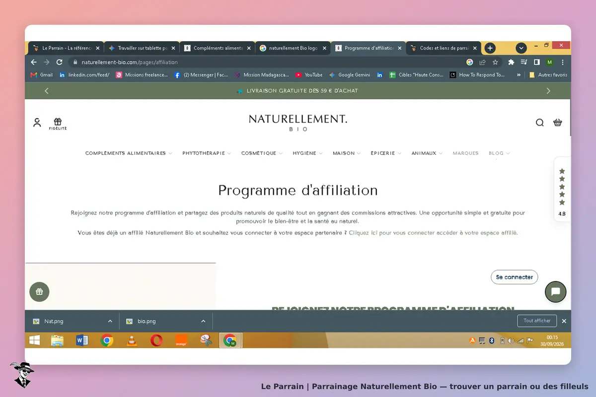 Naturellement Bio : page d'accueil présentant le programme d'affiliation et des liens de navigation