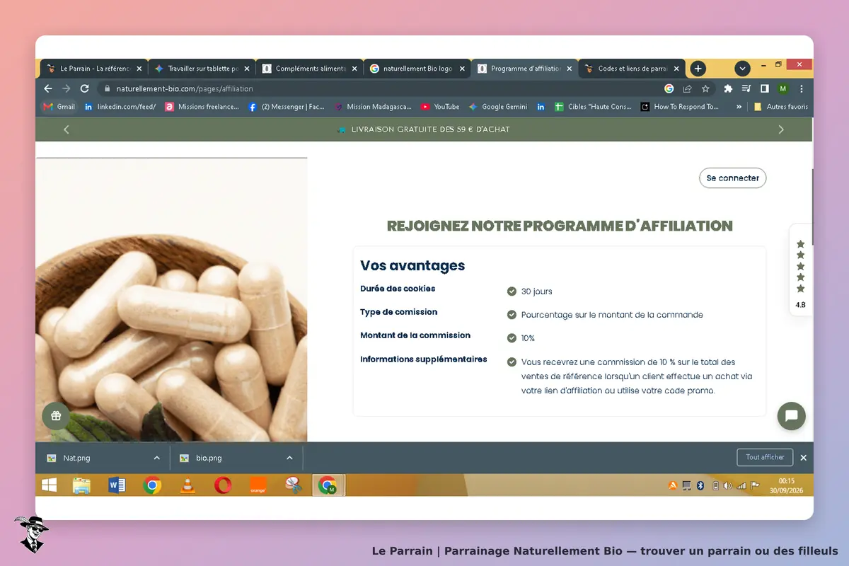Naturellement Bio : capsules dans un bol et section sur le programme d'affiliation