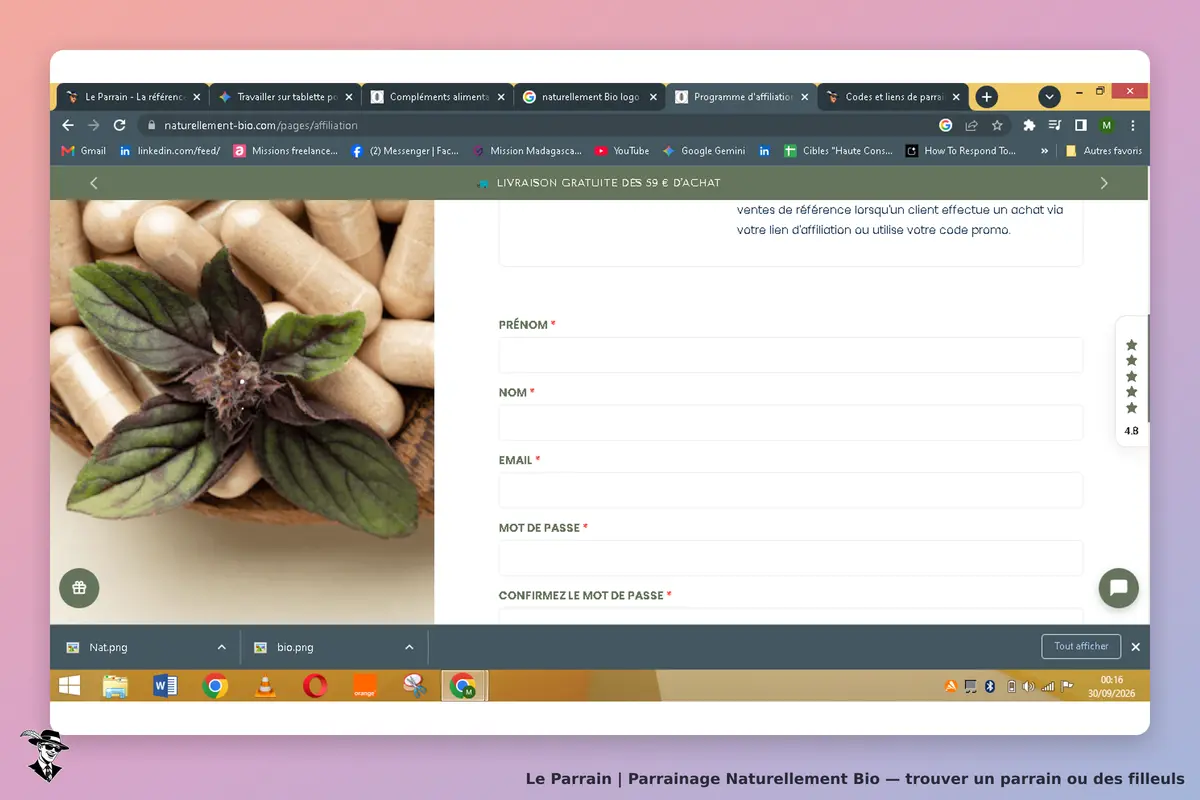 Naturellement Bio : formulaire d'inscription avec des gélules et une plante en arrière-plan