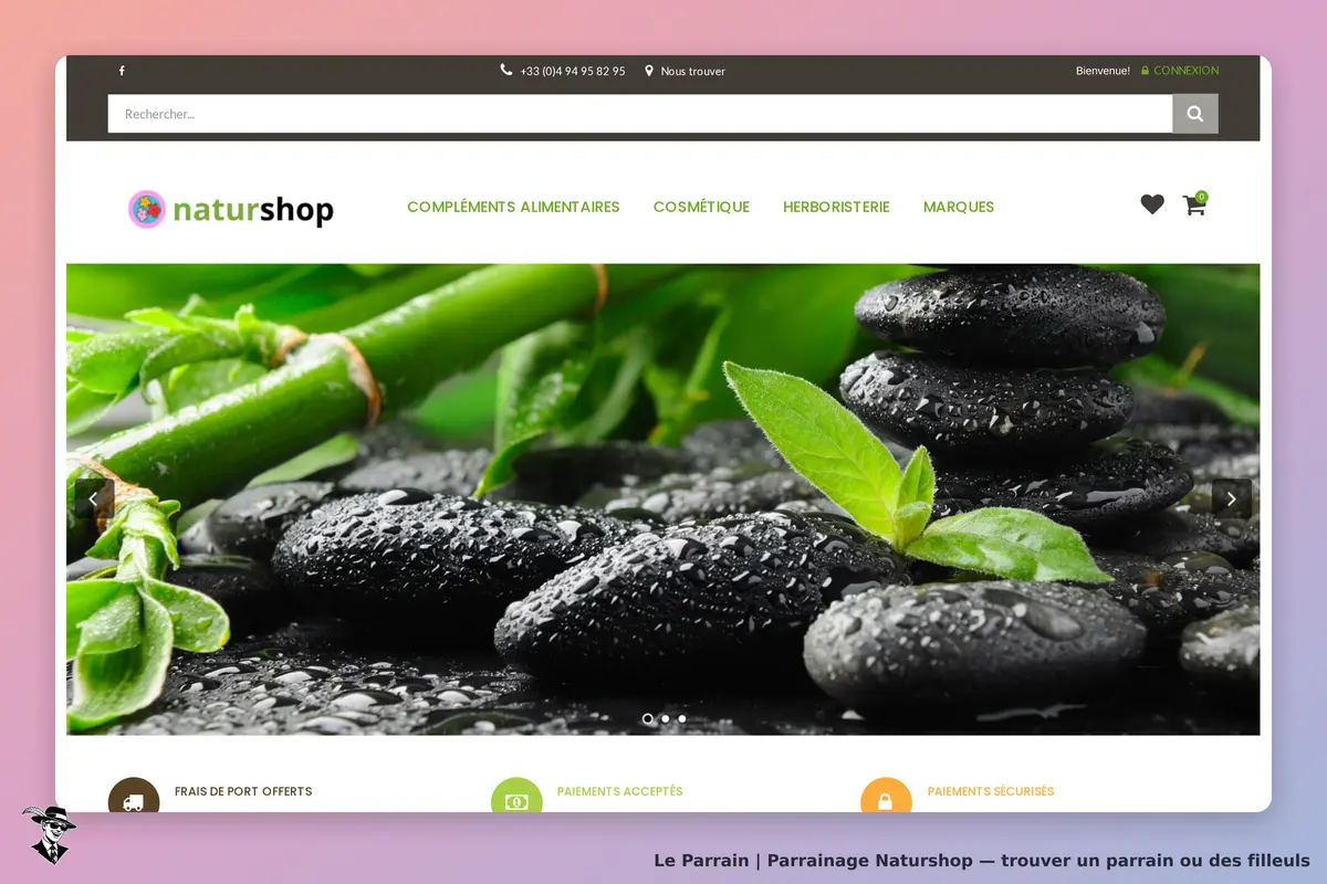 Naturshop : page d'accueil avec des pierres noires, des feuilles vertes et un fond naturel