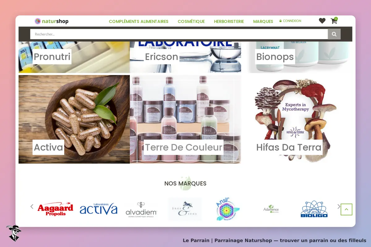 naturshop : page d'accueil avec divers produits et marques de compléments alimentaires