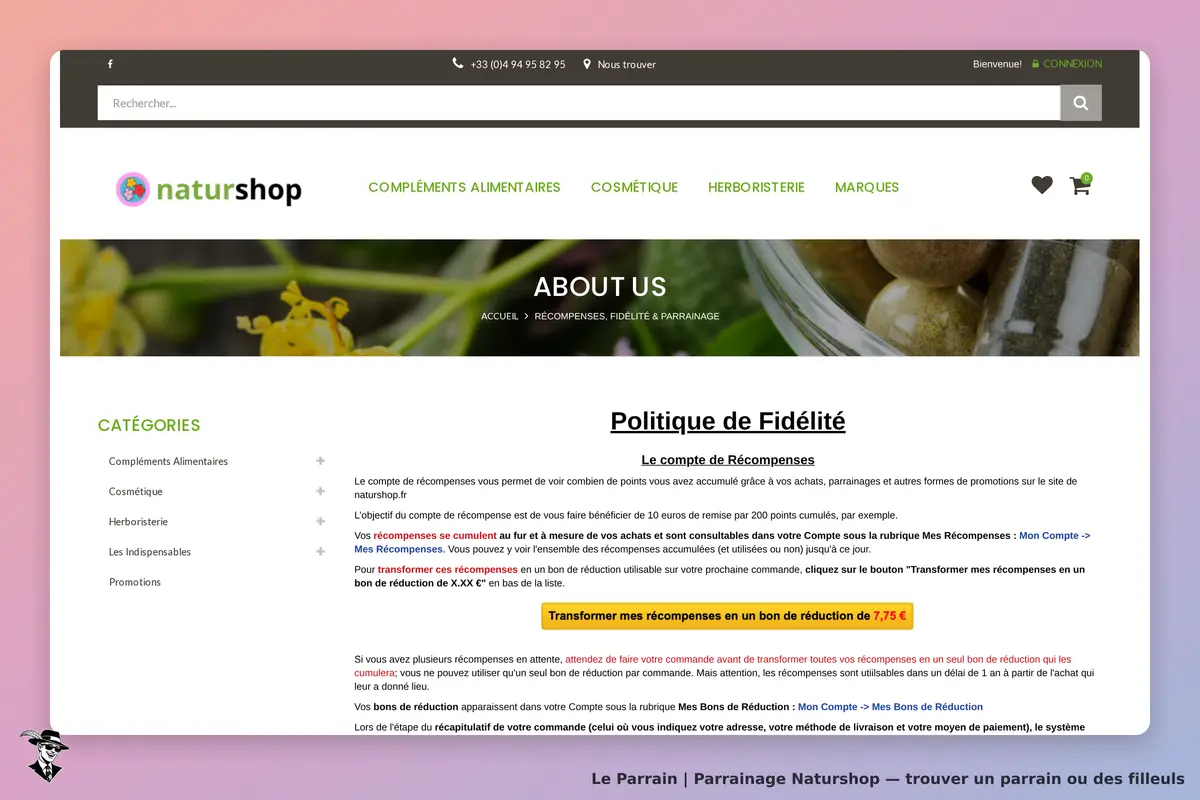 Naturshop : page d'accueil avec informations sur le programme de fidélité et les récompenses
