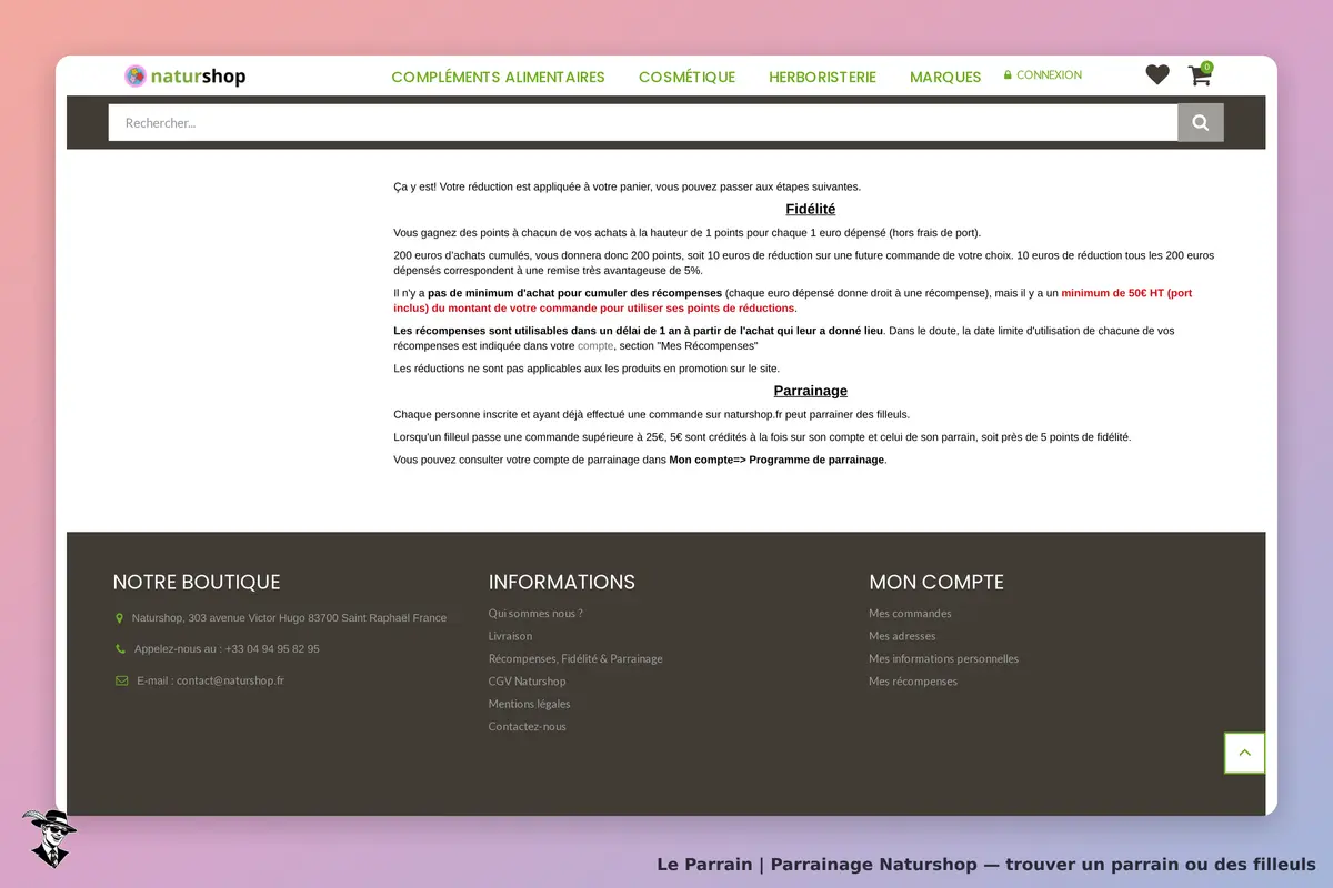 Naturshop : page d'accueil avec informations sur fidélité et parrainage, contact en bas