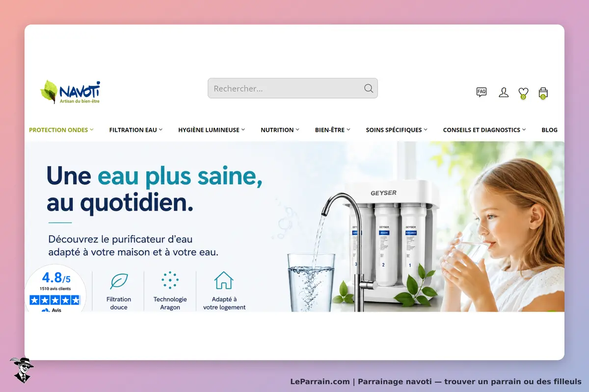 NAVOTI : page d'accueil présentant un purificateur d'eau et une jeune fille buvant de l'eau