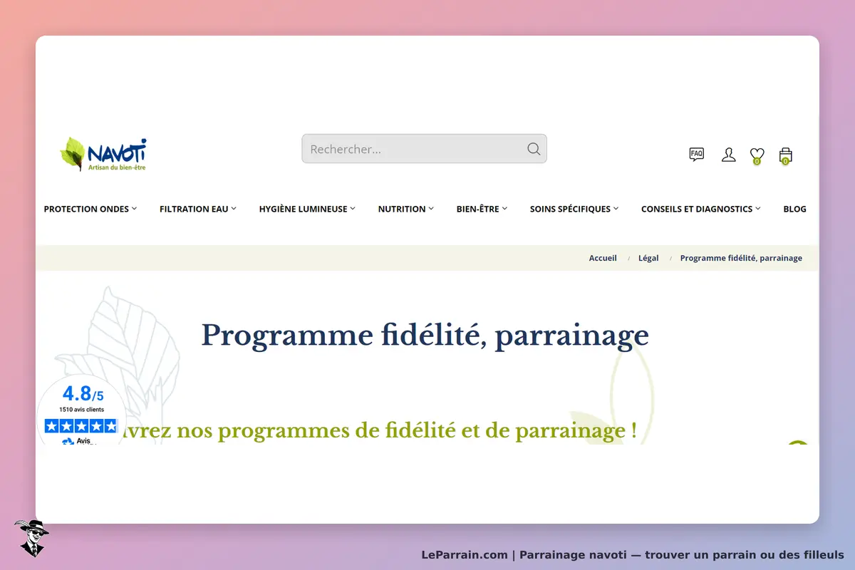 Navoti : page d'accueil présentant le programme fidélité et parrainage avec une note de 4.8/5
