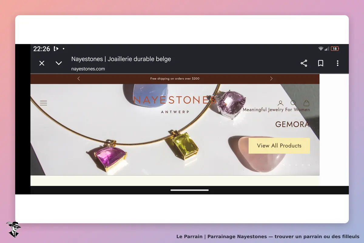 Nayestones : bijoux en or avec pierres colorées sur fond clair, logo et menu en haut de l'écran