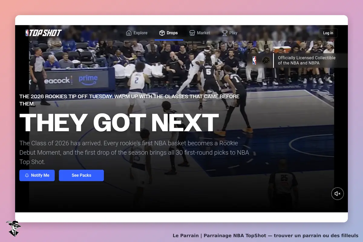 NBA TopShot : page d'accueil présentant les recrues 2026 avec un match de basket en arrière-plan