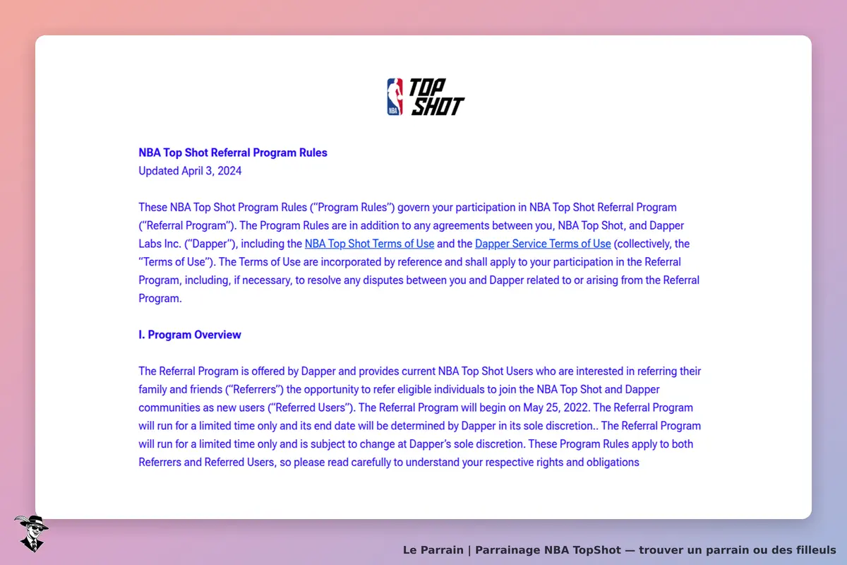 NBA TopShot : nBA Top Shot : règles du programme de parrainage affichées sur un fond dégradé
