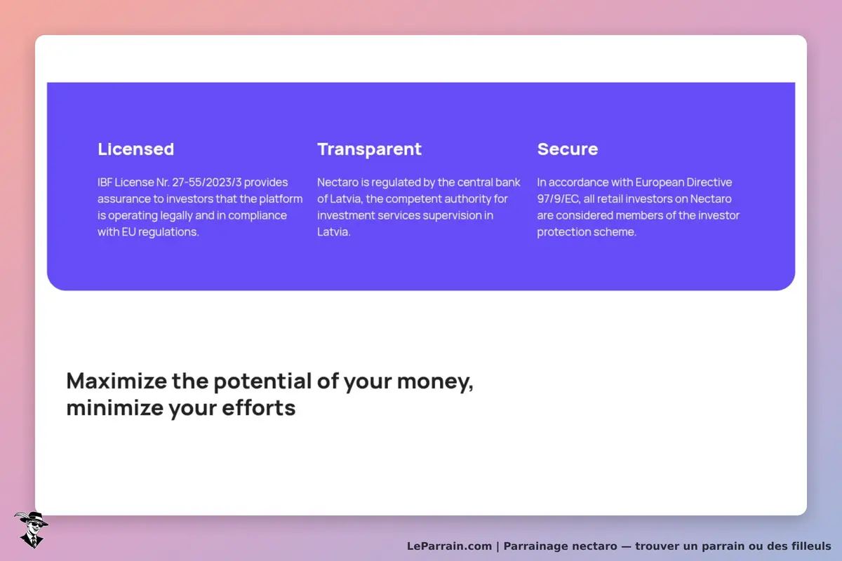 nectaro : section sur la sécurité et la transparence de la plateforme avec un slogan en bas