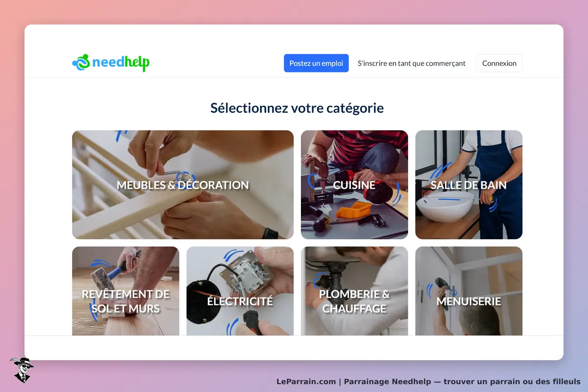 Needhelp : page d'accueil avec catégories de services à sélectionner, images de travaux divers