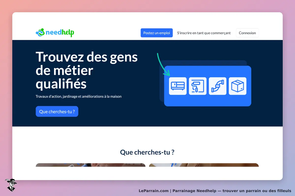 Needhelp : page d'accueil présentant des services de métiers qualifiés et un formulaire de