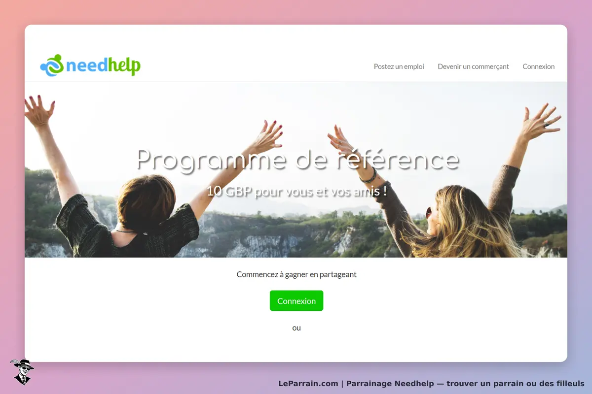 Needhelp : page d'accueil avec deux personnes levant les bras et un bouton de connexion