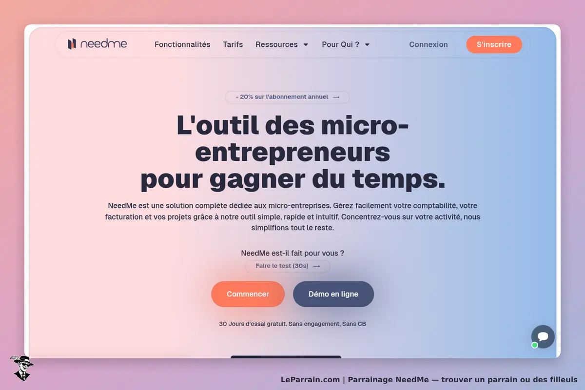 NeedMe : page d'accueil présentant l'outil pour micro-entrepreneurs avec boutons d'inscription