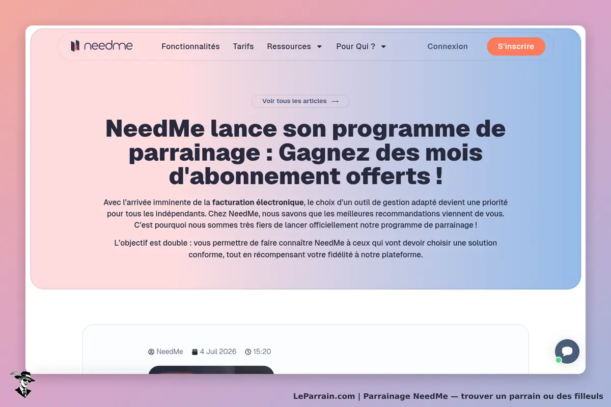 NeedMe : page d'accueil présentant le programme de parrainage et un texte explicatif